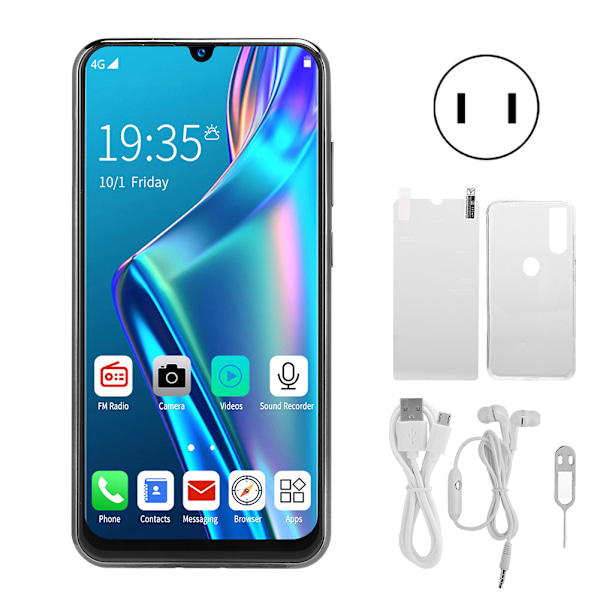 6,3 tums vattendroppsskärm 4+64G Dubbla SIM-kort 4000mAh Batteri Mobiltelefon Svart (100-240V) US