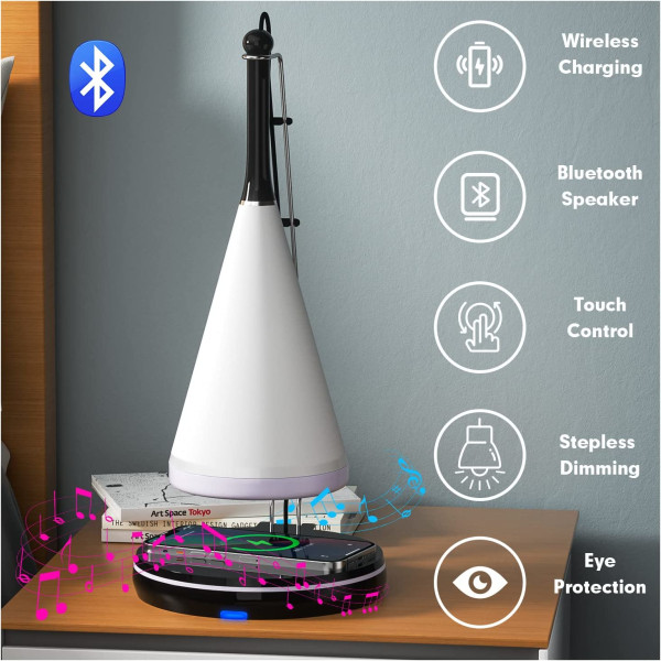 Bordslampa Bluetooth högtalare: LED Trådlös Laddning Sängbord Lam