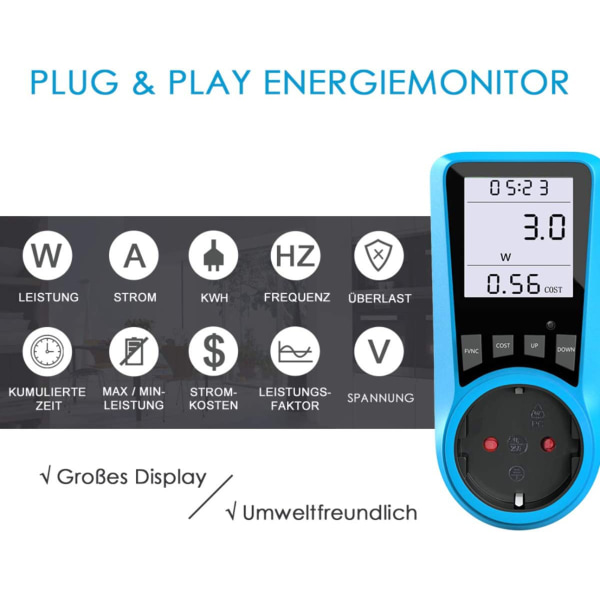 Energimåler, strømmåler med overbelastningsbeskyttelse, 3680 W, plugg med stor LCD-skjerm, blå