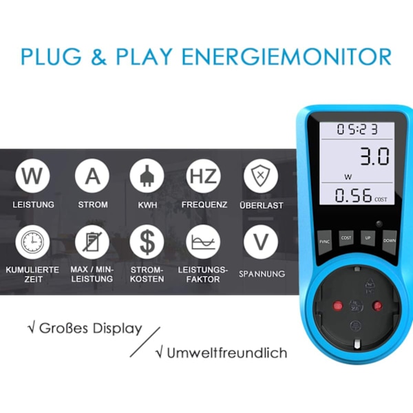 Energimätare, elmätare med överbelastningsskydd, 3680 W, stickkontakt med stor LCD-display, blå