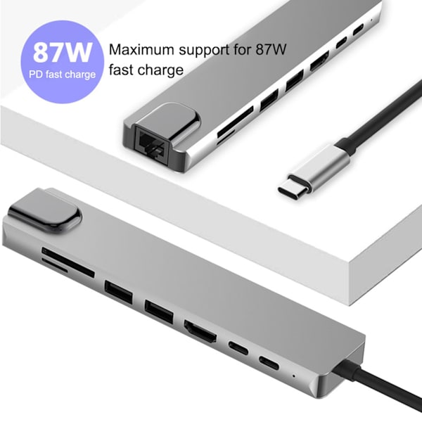 8 i 1 TypeC til 4K til HDMI Docking Station Adapter Hurtigoplader Dock Station
