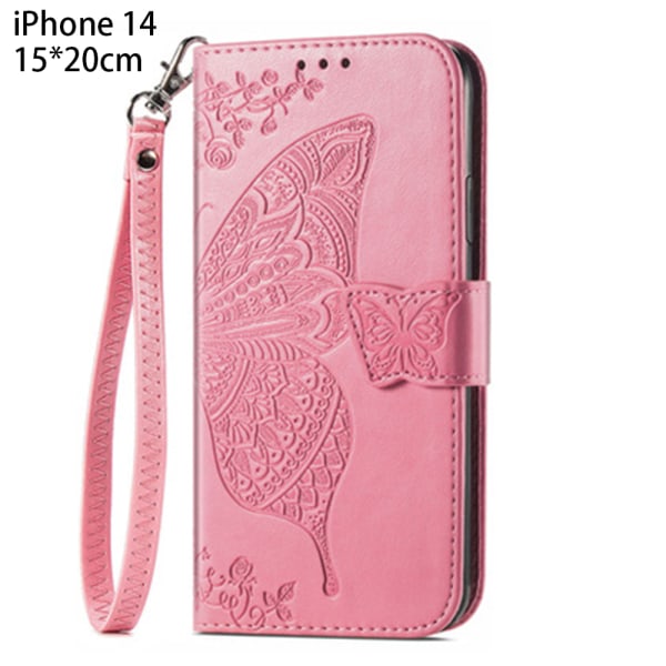 PU Läder Stativ Korthållare Strap Flip Cover för iPhone 14 pink