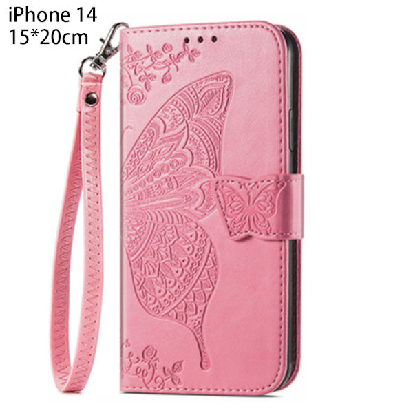 PU Læder Stativ Kortholder Strap Flip Cover til iPhone 14