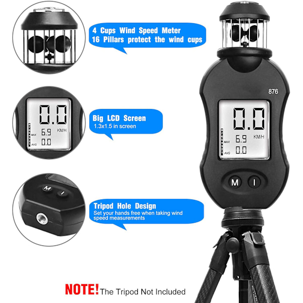 Digitalt anemometer, Yf-876 anemometer for måling av vindhastighet/temperatur, vindretningsindikator, for utendørsaktiviteter WWLAI TRADING SARL