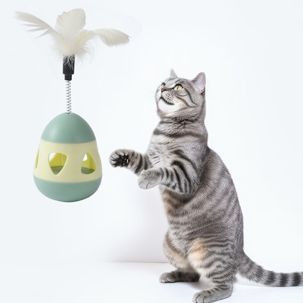 Kattgodis Dispenser Leksak med Fjäder Interaktiv Förhindra Tippning Katt Långsam Matare Pusselboll Gul Grön