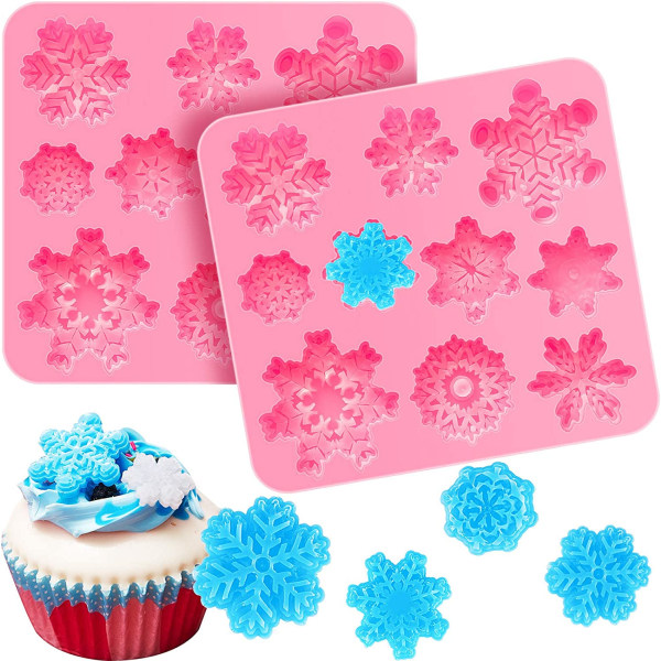 2 stykker 3D Snowflake Fondant Form Jul Snowflake Silikone Form til kage Cupcake dekoration Polymer Clay Crafting Projects (Pink)