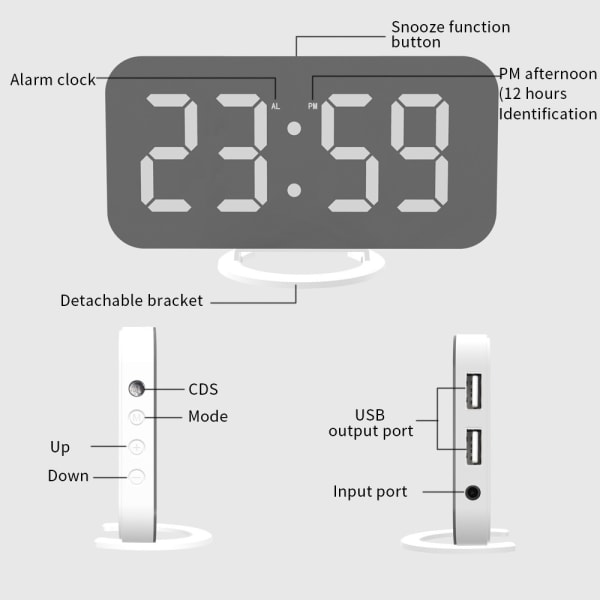 LED-herätyskello, jossa kaksi USB-lähtöä, matkapuhelimen latauspeili