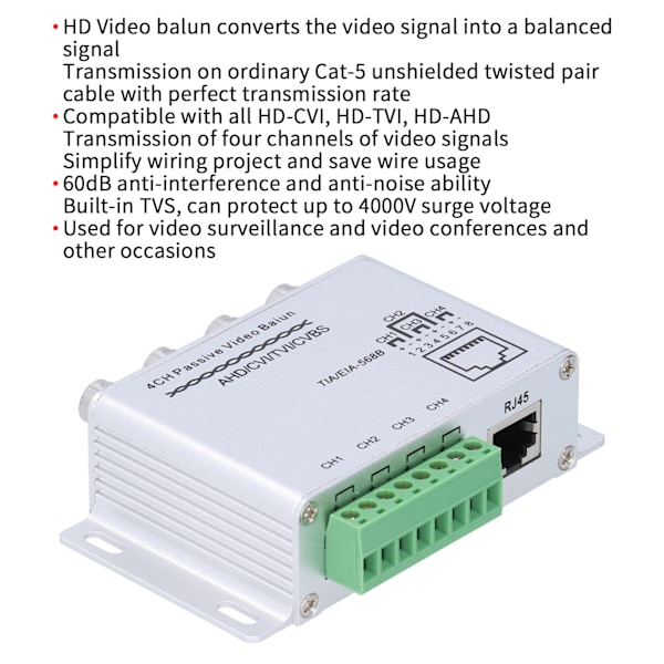 4CH AHD/CVI/TVI/CVBS Passiv Video Twisted Pair Transceiver 720P 1080P HD BNC RJ45 UTP Konverter til Balanceret Signal Balun