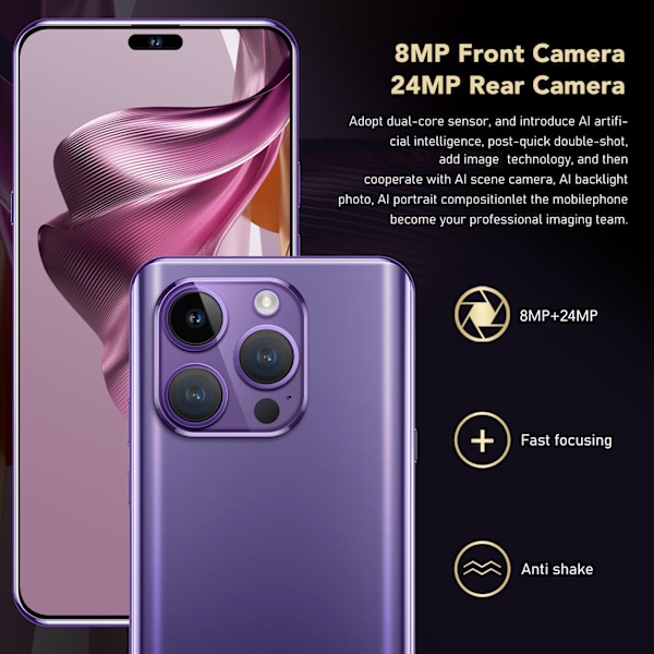 15promax Ultratunn 6,6-tums Ansiktsupplåsning 4GLTE Telefon med Bluetooth-hörlurar 8GB 128GB 8MP 24MP MT6735 Octa Core CPU för Android 13 100‑240V Lila