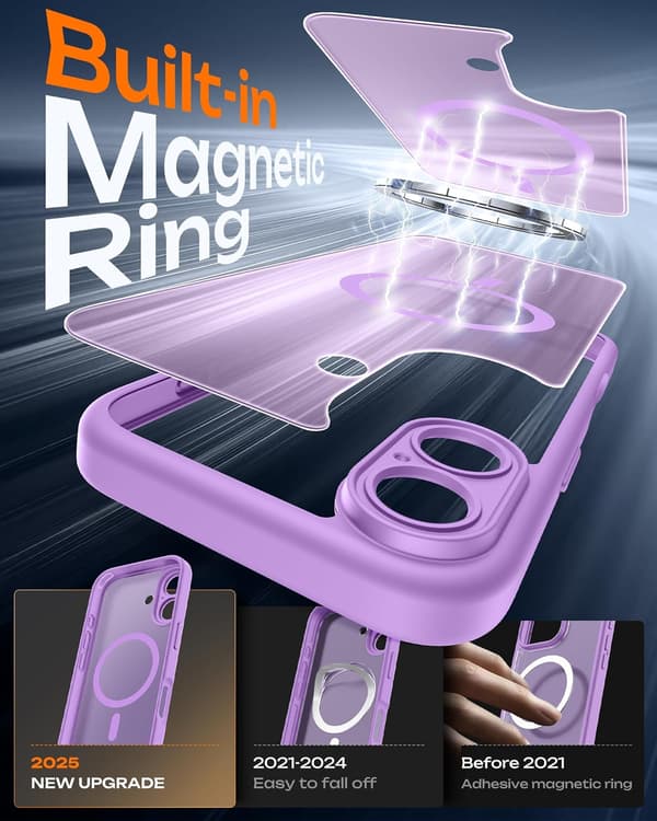 TOCOL Case for iPhone 17, Camera Protection, Integrated Magnetic Ring, Compatible with Magsafe, Drop Protection, Transparent Matte Back, [TT] light purple för iPhone 16