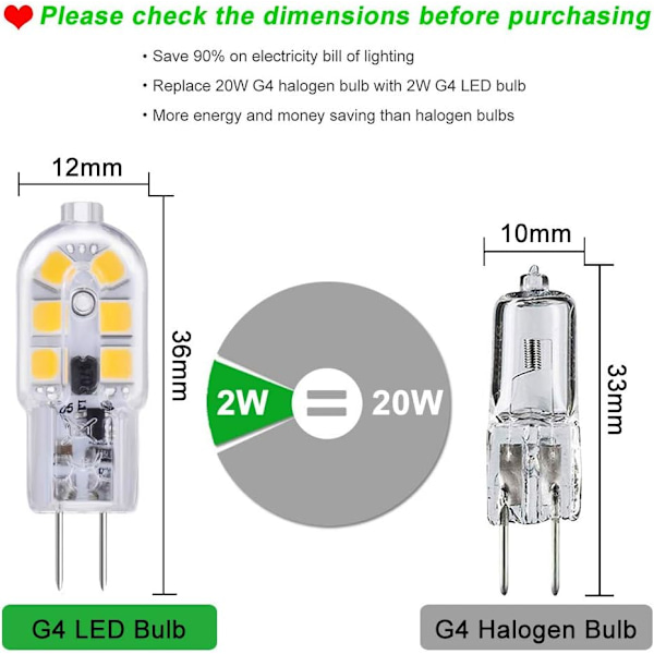 G4 LED 12V 2W Varmvit 3000K, 200lm, G4 10W 20W Halogenlampa motsvarande, icke-dimmbar, Bi-pin G4 12V LED AC DC för Kronljusstake, Bordslampa, set om 6