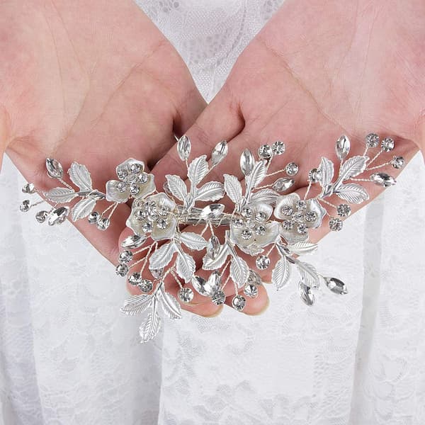 Brud bryllup hår vin hårstykke blomst hodeplagg krystall hodeplagg glitrende perle rhinestone hår tilbehør for kvinner og jenter (sølv)