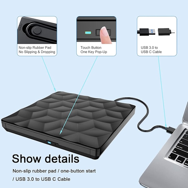 Ulkoinen CD DVD -asema USB 3.0 Type C -liitäntä, kannettava ultraohut CD DVD -asema, kirjoitin, poltin, optinen asema Windowsille, Linuxille, Mac OS:lle