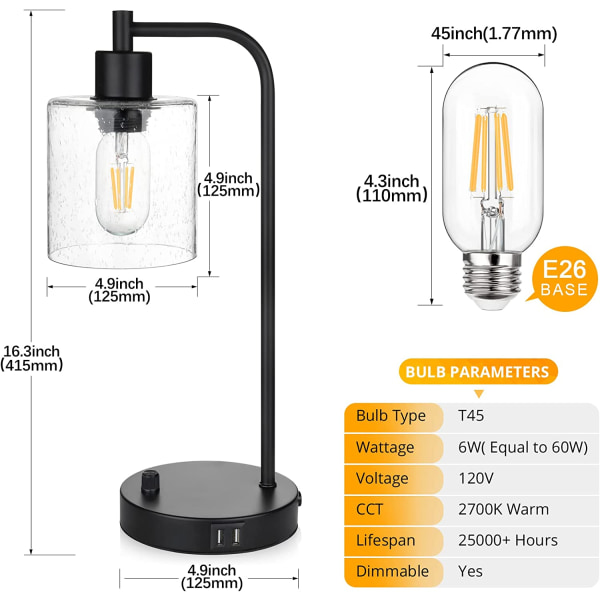 Industriel bordlampe med 2 USB-porte, fuldt trinløs dæmpbar V