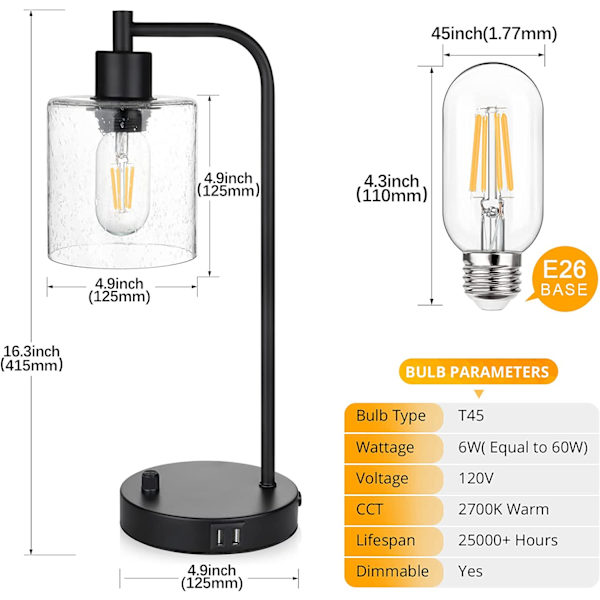 Industriell bordlampe med 2 USB-porter, fullstendig trinnløs dimbar V