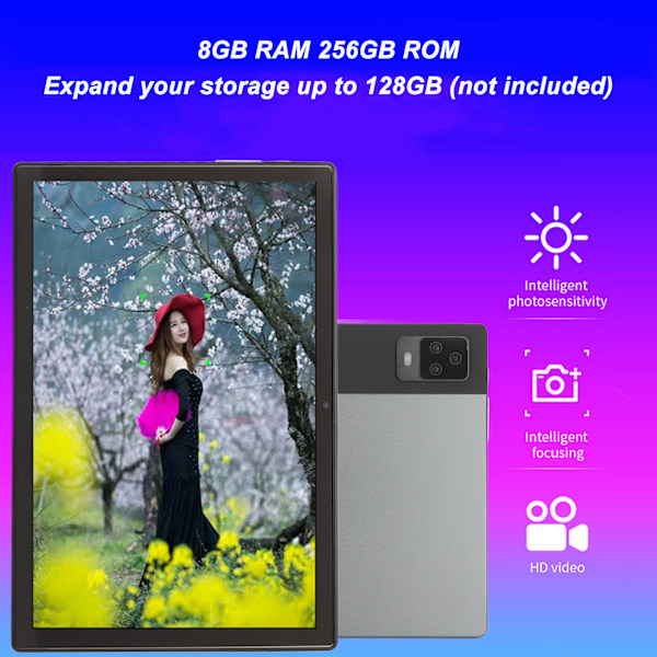 10-tums Tablet för Android 12 8-kärnig CPU 8GB RAM 256GB ROM 5G WiFi IPS-skärm Samtalstablet med Dubbla Kameror 100‑240V Grå EU-kontakt