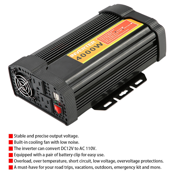 12V DC til 110V AC 4000W Bil Auto Spændingstransformator Inverter Konverter Bilopladning