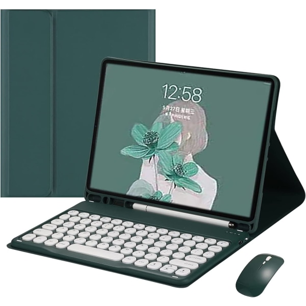 Tastaturetui med mus RGB-tastatur Retro runde tastaturhætter Sweet Candy Colors Aftagelig (iPad7/iPad8/iPad9/Air3/Pro10.5, mørkegrøn)