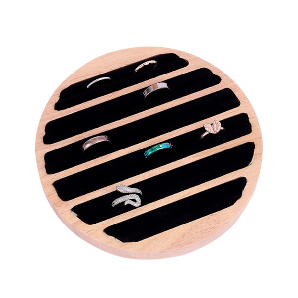 Træ 6 Slots Rund Form Ring Ørering Opbevaringsbakke Grøn Flannel Display Smykkeholder