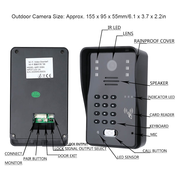 7 tommer TFT LCD Dørklokke Fjernbetjening Adgangskort Videodørtelefon Vandafvisende Intercom 100-240V (EU Stik)