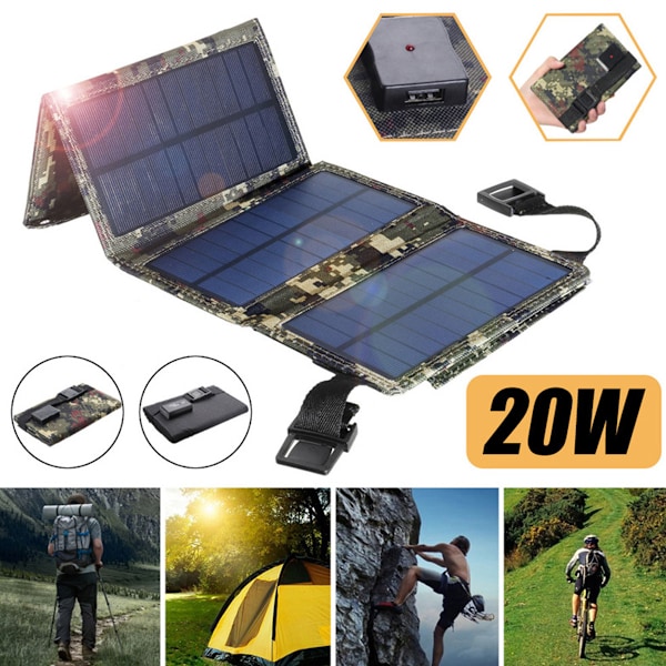 20W USB Solcellsladdare Bärbar Solpanel Telefonladdare för iPhone Android Smartphones iPads Android-surfplattor Fällbar Solpanel för Utomhuscamping