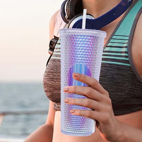 710 ml plastkopp med lock och sugrör, återanvändbar iskaffe-mugg, smoothie-mugg, transparent lasermugg