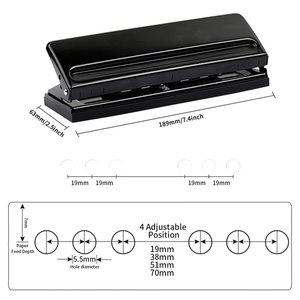 Säädettävä 6-reikäinen reikäleimasin paikannusmerkillä, päivittäinen paperireikäleimasin A5-kokoisiin kuuden renkaan kansiokalentereihin - täyttösivut 1 kpl - musta