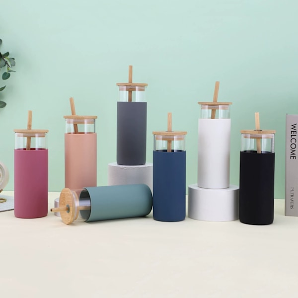 Återanvändbara dricksglas, miljövänligt bambulock, skyddande silikonhylsa, resevänlig, glastumlare, läckagesäker design, BPA-fri för