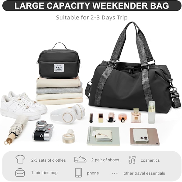 Weekender Duffel Sport Gym Taske Overnight Rejsetaske med Sko-rum Vådrum, J1-sort