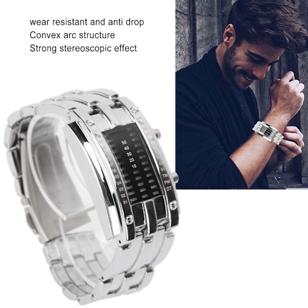 LED-klocka Unik binär tidsläge Display Konvex bågstruktur Vattentät LED-armbandsur Elektronisk klocka Silver L