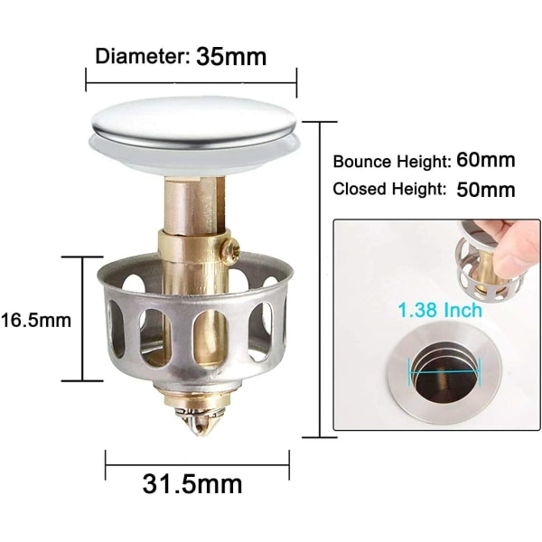 35 mm universal tvättställ studsavloppsfilter, pop-up handfat