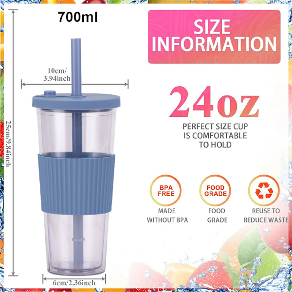 700ml stor kapacitet transparent dubbelskikts plastkopp sugrör mjölktekopp bärbar utomhus sugrör kopp