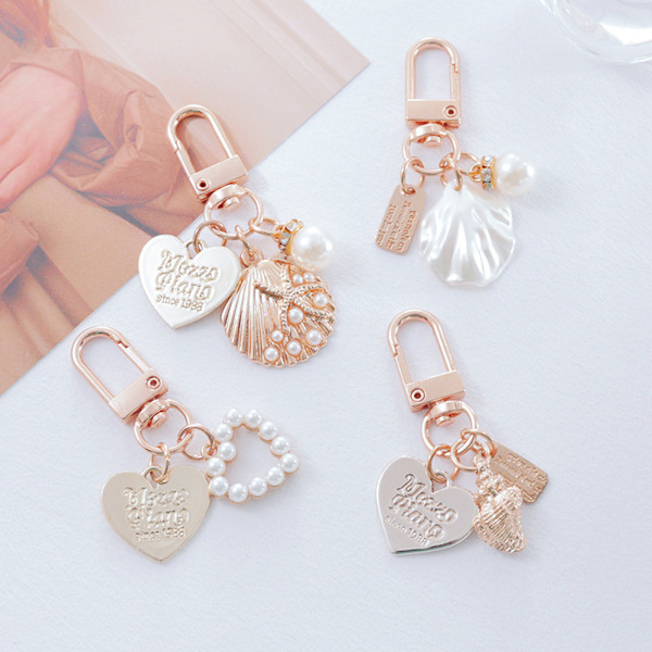 Faux Pearl Keychains Metal Heart Shell Key Chain Charms Key