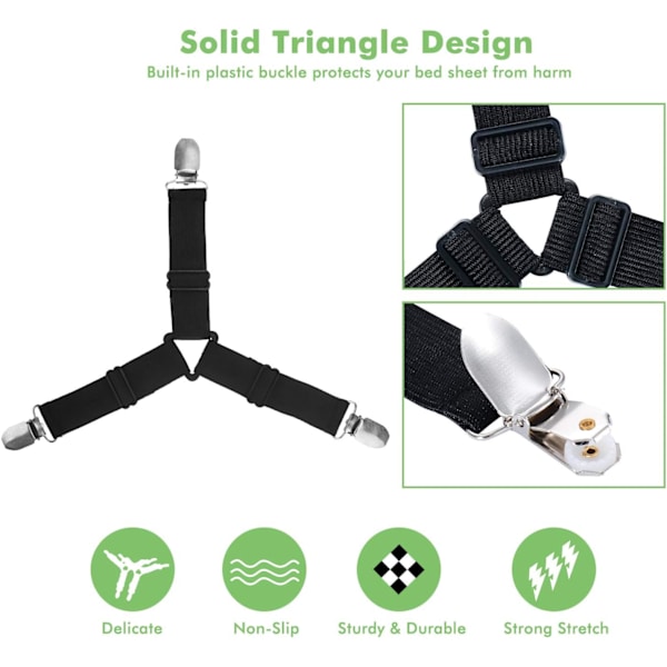 8PCS Fitted Sheet Tensioner, 3-veis justerbare trekantede stropper med klips for tunge laken, elastiske lakenholdere for madrassbeskyttelse og sofa