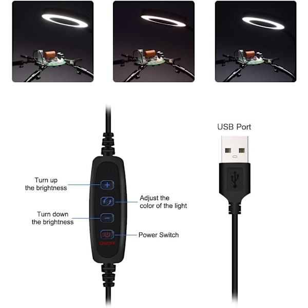 Hjelpende hender Tredje hånd lodding 3X LED forstørrelseslampe med 3 justerbare lysfarger og 6 fleksible armer Stor mental base loddestasjon