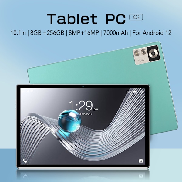 10,1 tums surfplatta grön Octa Core CPU 8 GB RAM 256 GB ROM 7000 mAh spelsurfplatta med dubbla kameror 2 platser 100–240 V EU-kontakt