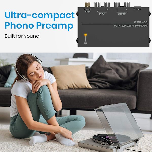 Phono Pladespiller Forforstærker - Mini Elektronisk Audio Stereo Fonograf Forforstærker med RCA-indgang, RCA-udgang og lav støjdrift drevet af 12 Volt DC