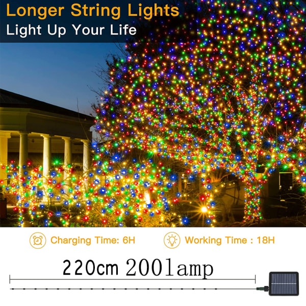 Solar String Lights, Ekstra lange 72ft 200 LED Fairy Lights, 8 Mod