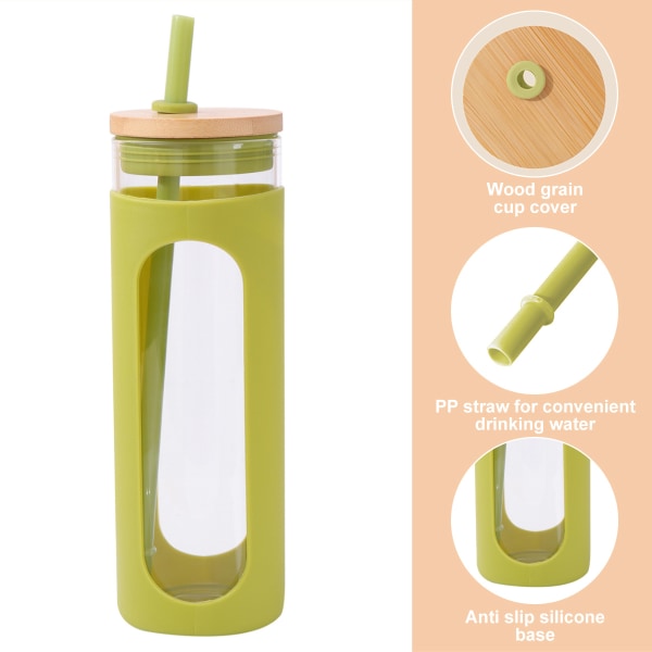 600 ml glasglas, med bambusdæksel og sugerør, spildsikker glasflaske, med silikonebeskyttelsesdæksel, uden BPA.
