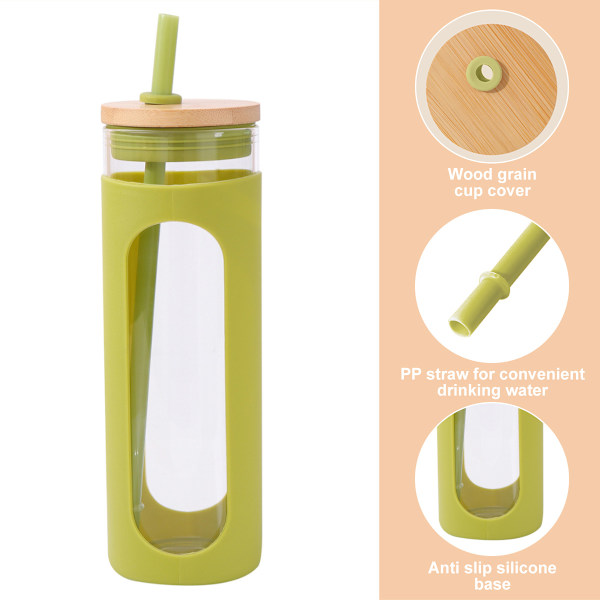 600 ml:n lasinen juomapullo, jossa bambukansi ja pilli, läikyttämätön lasipullo, jossa silikonisuojus, ilman BPA:ta.