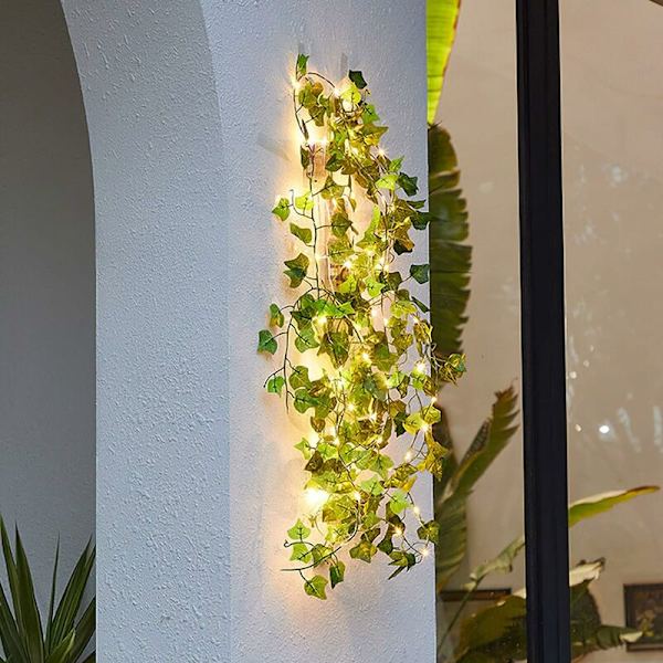 Solcells LED-slingor, konstgjorda murgrönsblad, 8 lägen, vattentäta, för trädgård, uteplats, dörr, gård, fest, 5 m