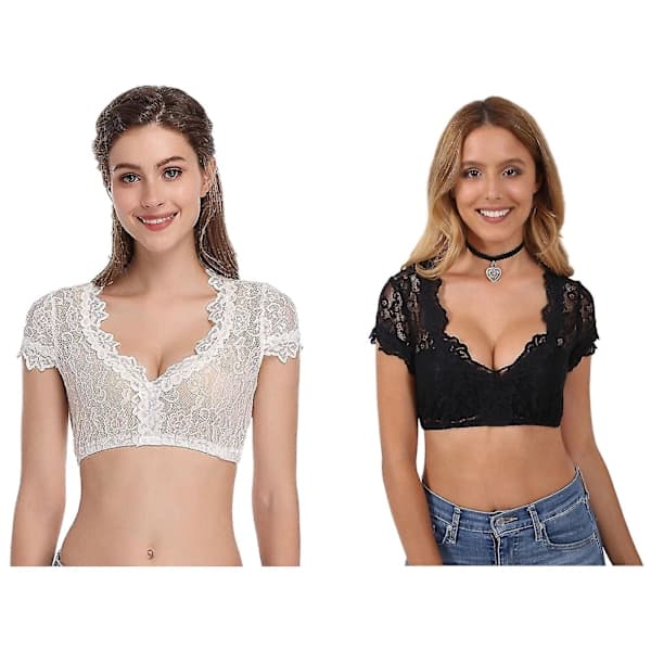 Elegant Dirndlbluse til kvinder, sort dirndlbluse, blondebluse til Oktoberfest, hvid