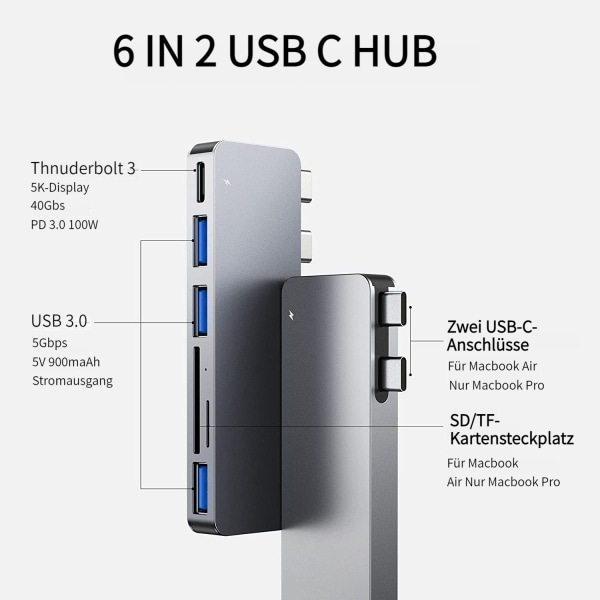 USB C Hub Adapter för MacBook Pro/Air 13\" 15\" 2022 2021 2020, RayCue 6 i 2 USB-C Tillbehör med 3 USB 3.0 Portar, TF/SD Kortläsare, USB-C Ström