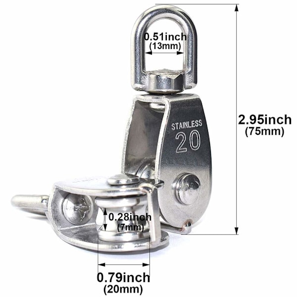 M20 Yksittäinen Talja 304 Ruostumatonta Terästä, 20MM Yksittäiset Taljat Lohko Rulla, Nostokurki Kääntyvä Koukku Tasainen Vaijeriköysi Kaapelin Kuormitus 75kg/165lbs (5 Kpl)