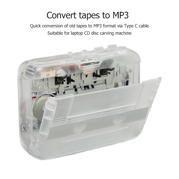 Kassett till MP3-konverterare Multifunktionell Automatisk Backning Transparent Retro Bärbar Bandspelare för Laptop PC