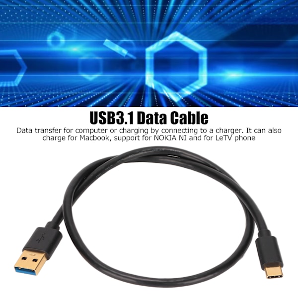 USB3.1-datakabel typ A hane till typ C hane kabel för dator mobiltelefon 0,5 m / 1,6 fot