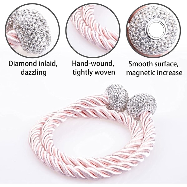 2-pack diamantdubbade magnetiska gardiner Bling Crystal D Pink Rope-white1 2 Pack