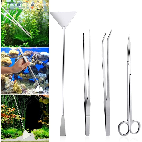 4 stk. rustfrit akvariebeholder vandplantepincet og
