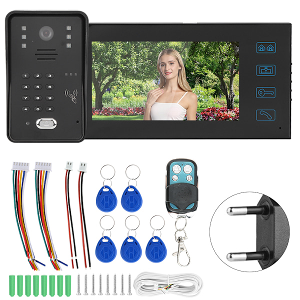 7 tommer TFT LCD Dørklokke Fjernbetjening Adgangskort Videodørtelefon Vandafvisende Intercom 100-240V (EU Stik)