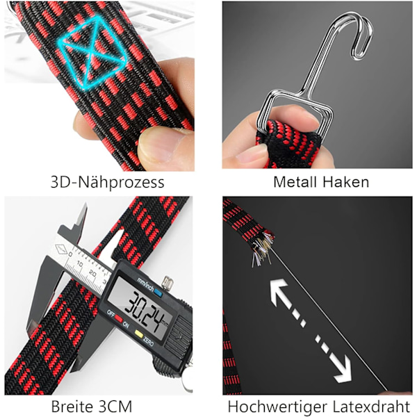 Justerbar bungee med krokar, set om 4, 200 cm lång, gummiband, platt surrningsband med metallkrokar, extra stark bagagerem, gummi